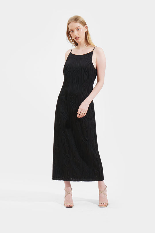 Boat Neck Textured Sleeveless Dress