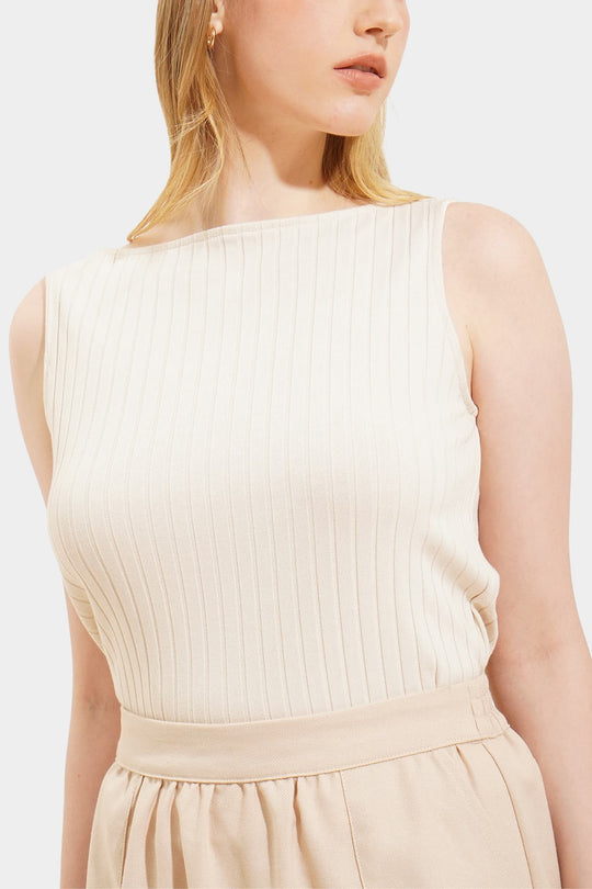 Ribbed Boat Neck Knit Top