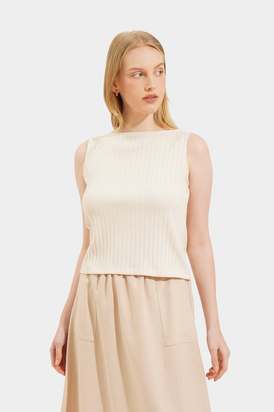 Ribbed Boat Neck Knit Top