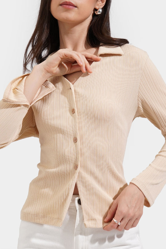 Ribbed Button Down Long Sleeve Collared Tee