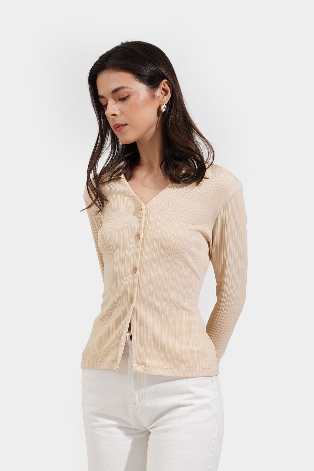 Ribbed Button Down Long Sleeve Collared Tee