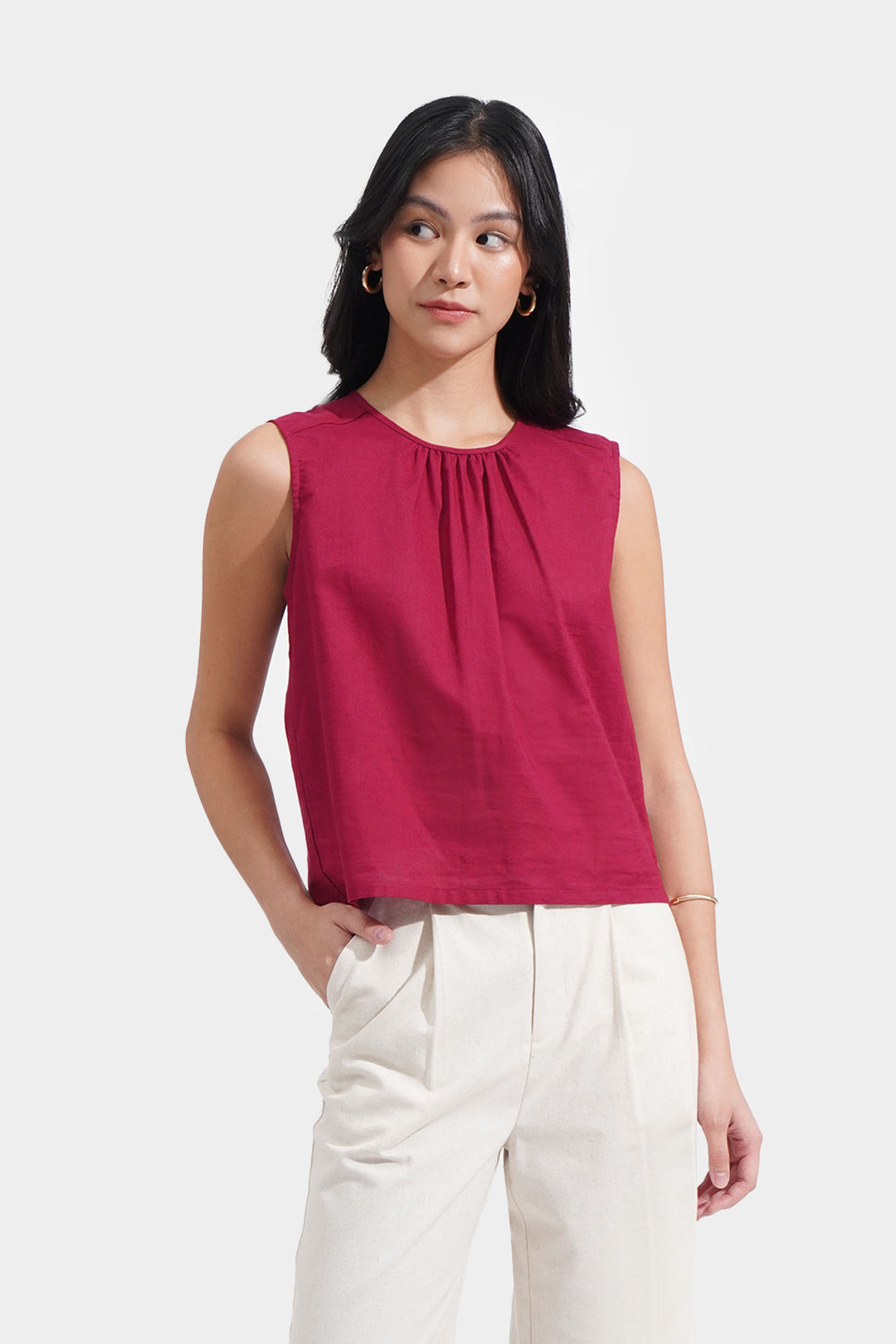 Gathered Sleeveless Top with Tie Detail