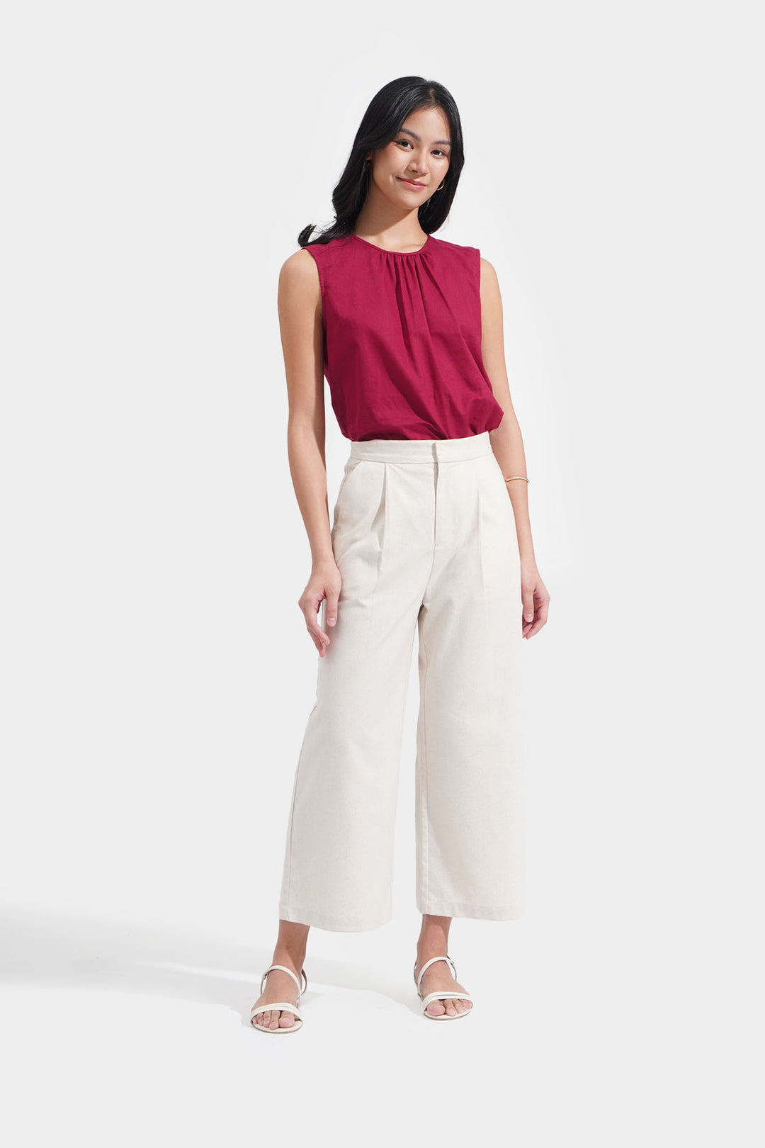 Gathered Sleeveless Top with Tie Detail