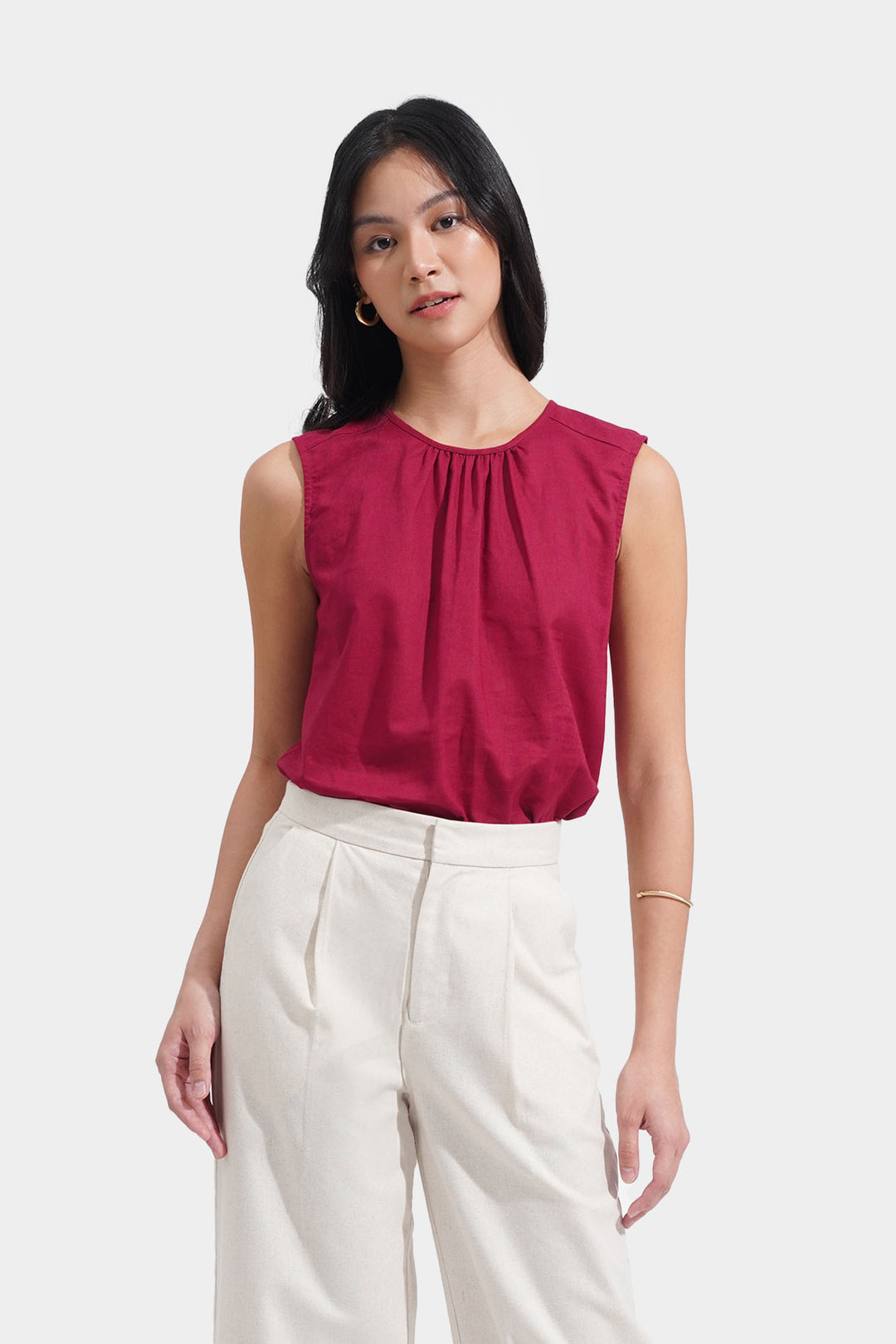 Gathered Sleeveless Top with Tie Detail