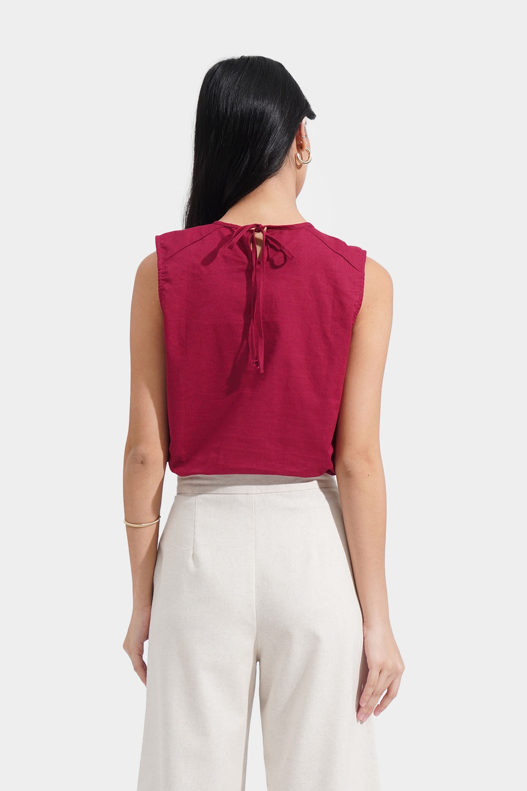 Gathered Sleeveless Top with Tie Detail