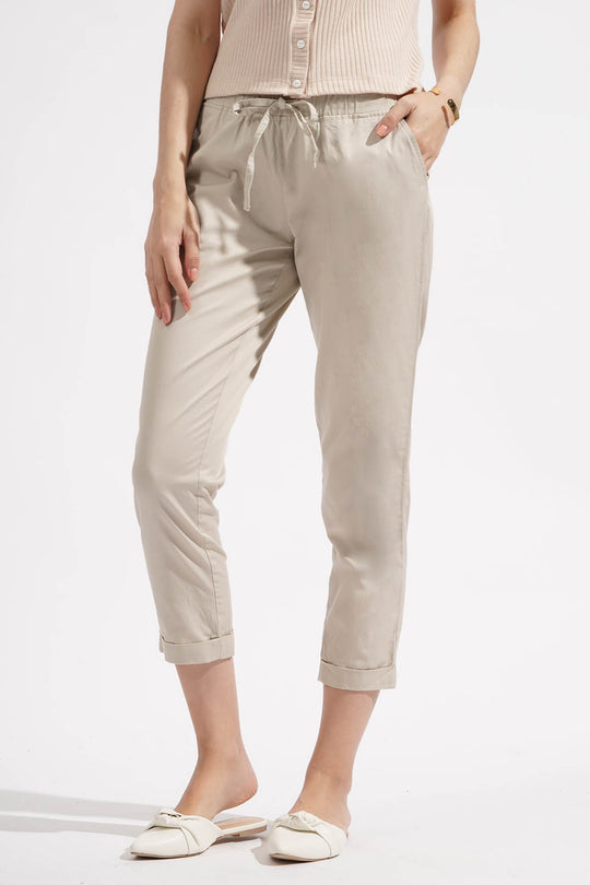 Closet Staples Mid Waist Cropped Trousers With Elastic Waistband