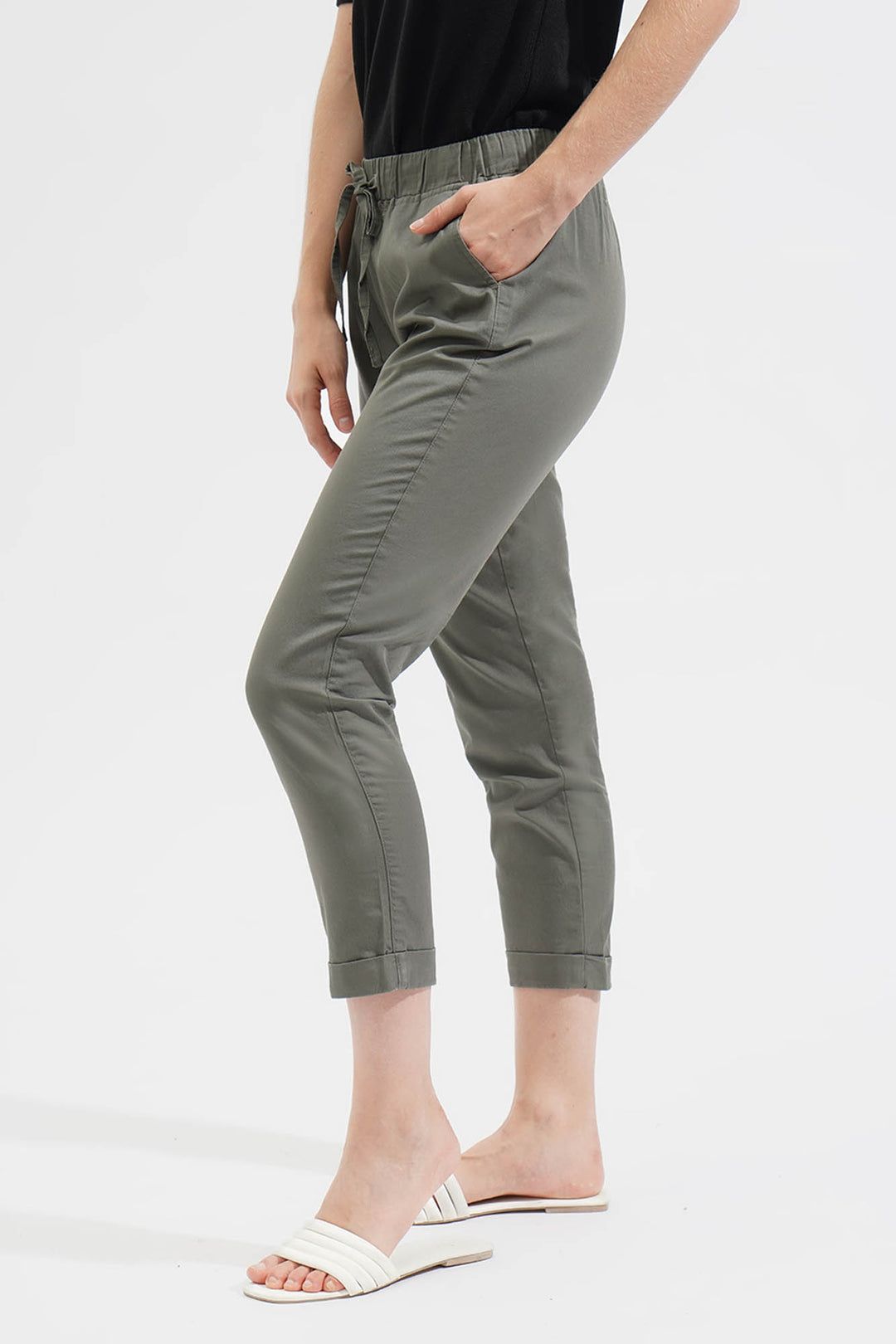 Closet Staples Mid Waist Cropped Trousers With Elastic Waistband