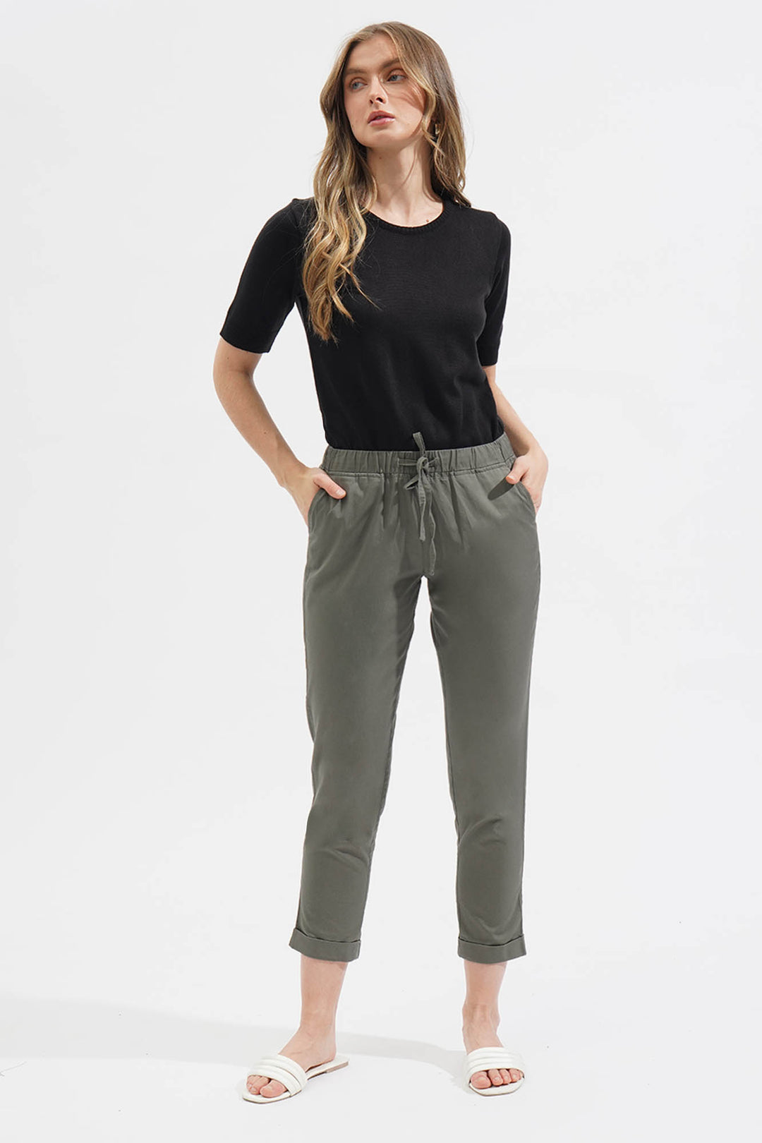 Closet Staples Mid Waist Cropped Trousers With Elastic Waistband